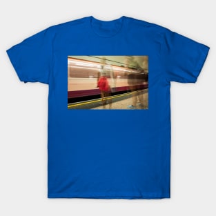 conceptual image people on underground platform as train arrives in motion blur. T-Shirt